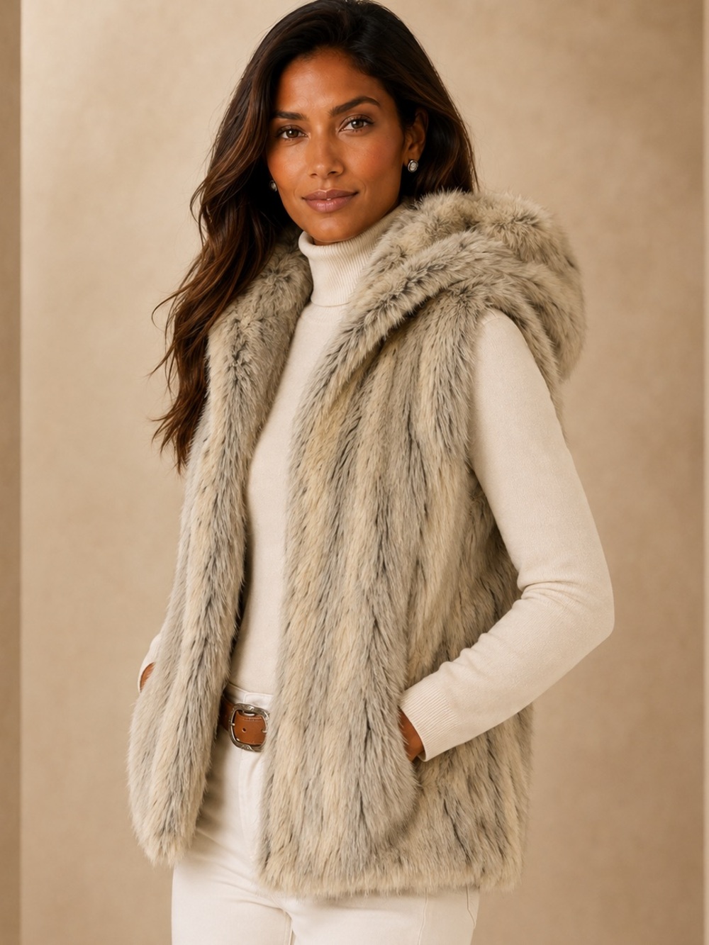 LAUREN Ralph Lauren Hooded Faux Fur Quilted Vest Quiet Luxury SM